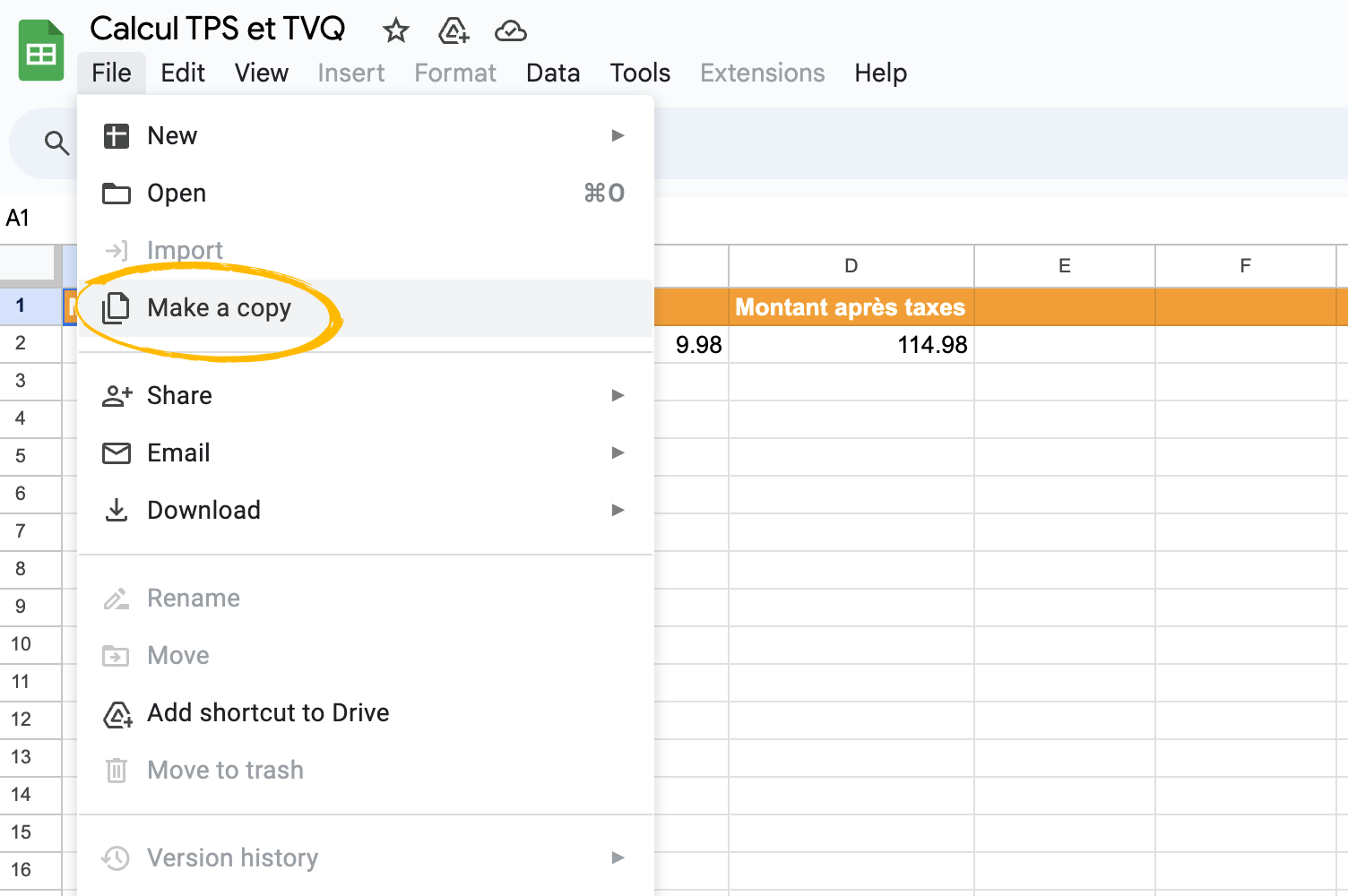 Copie d,une Google Spreadsheet pour calcul de TPS et TVQ